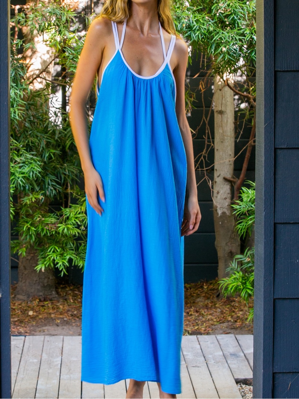 Like New - Honorine Blue Isla Maxi Dress with White Straps (L)